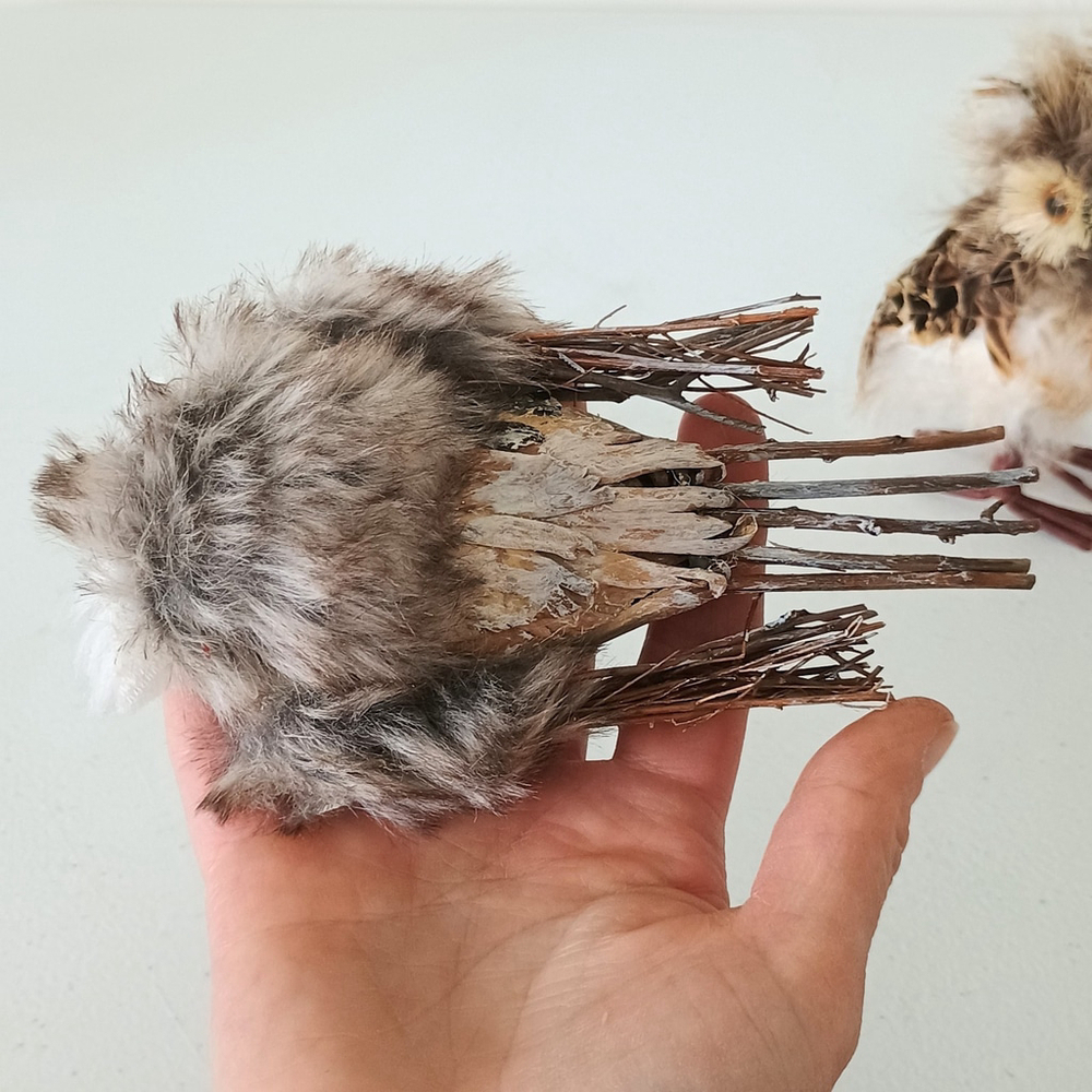 Pair Of Life Like Detailed Feathered Furry Owl Figurines Rustic Fall Decor - Picture 4 of 11